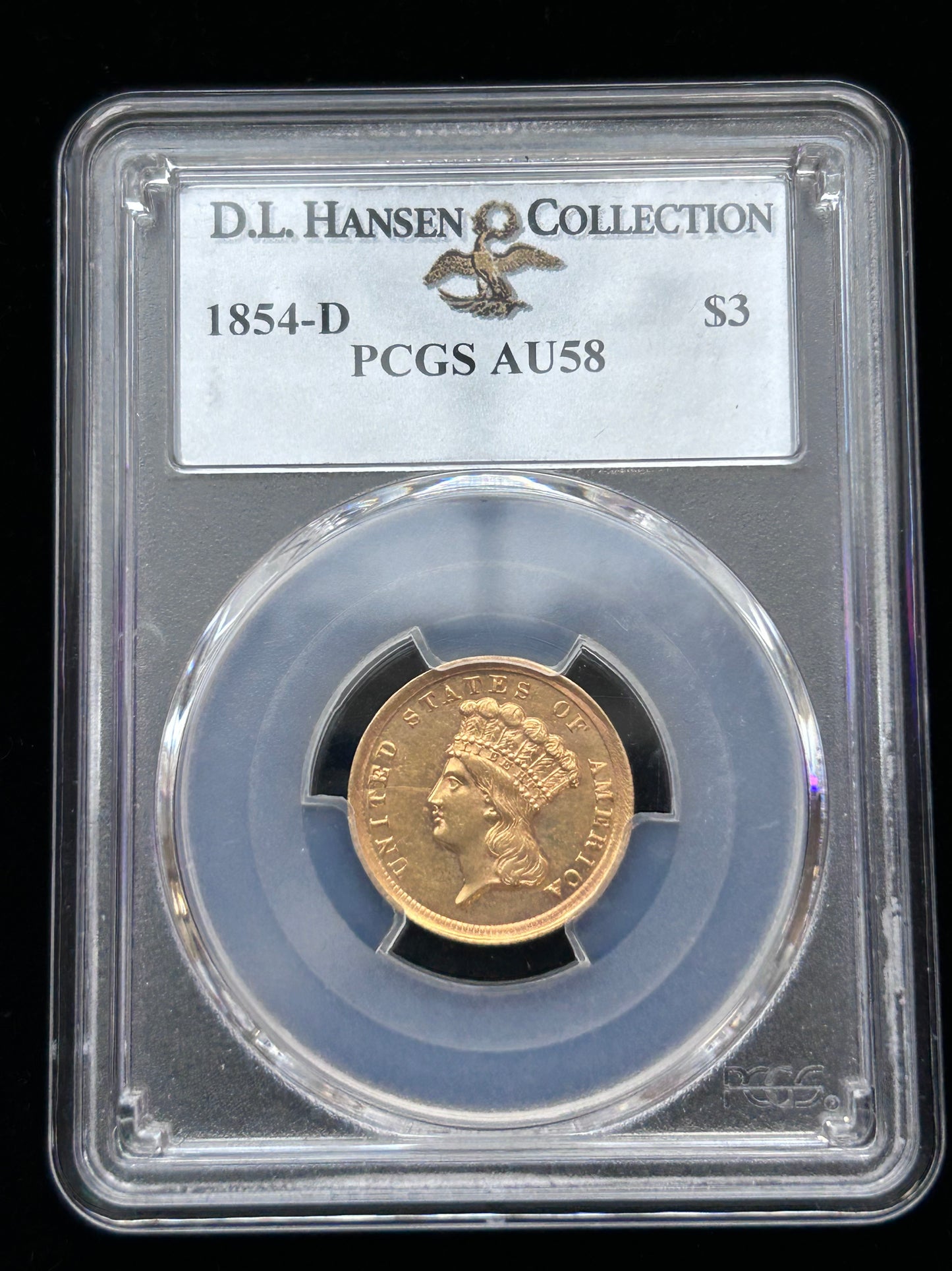 1854-D $3 Gold Princess - PCGS AU58 D.L. Hansen