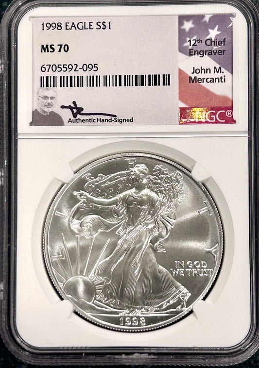 1998 $1 American Silver Eagle NGC MS70 Mercanti Signed