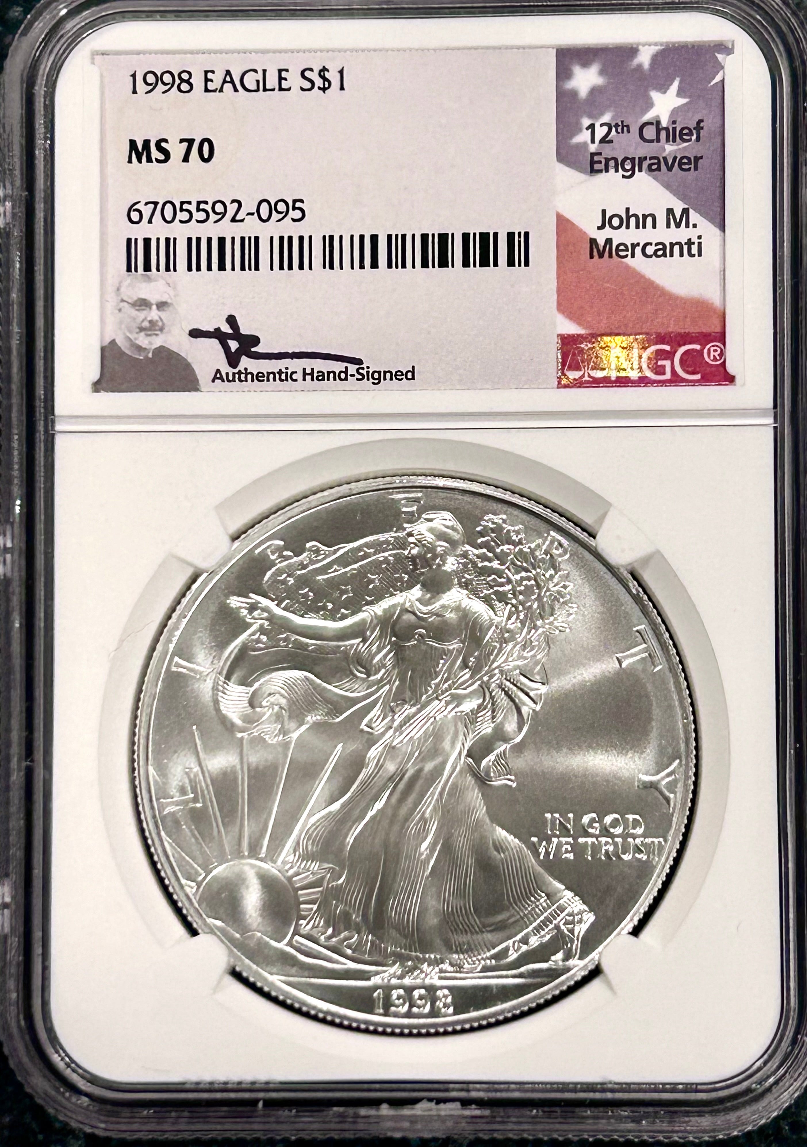 1998 $1 American Silver Eagle NGC MS70 Mercanti Signed – Cameo