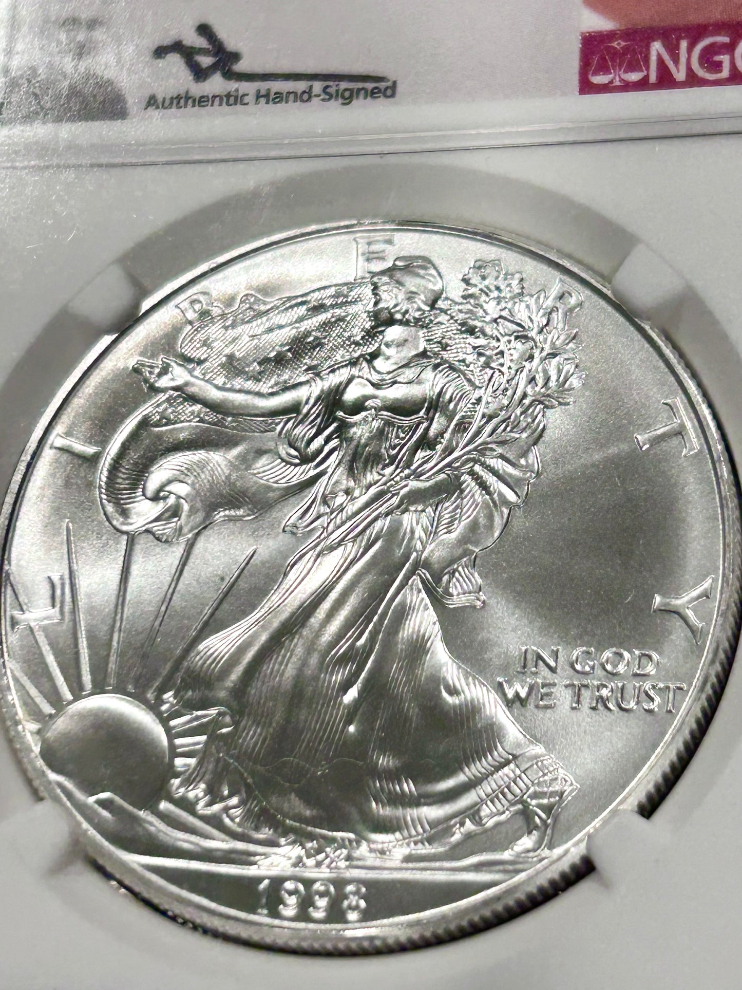 1998 $1 American Silver Eagle NGC MS70 Mercanti Signed