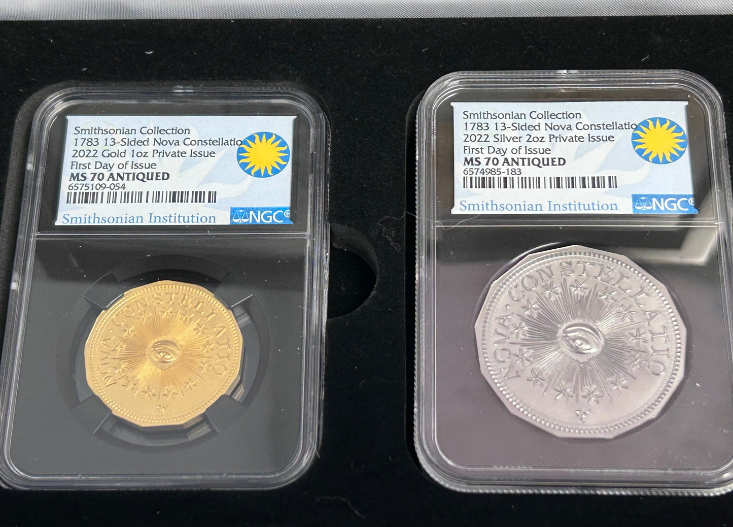 1783 Gold Silver 13-Sided Nova Constellatio 2-pc Set NGC MS70 First Day of Issue Smithsonian Label