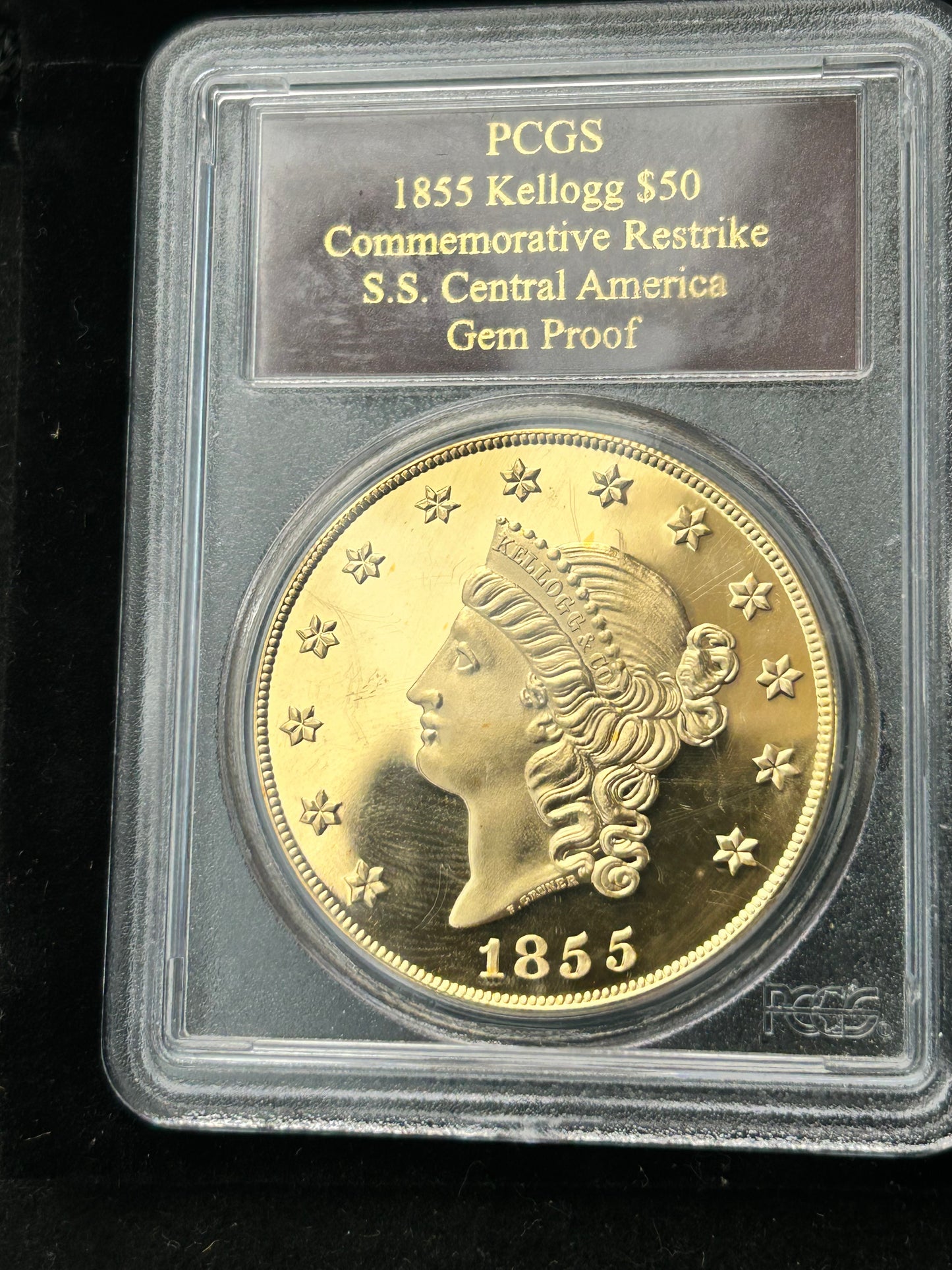 1855 Kellogg Gold $50 Commemorative Restrike SS Central America PCGS Gem Proof