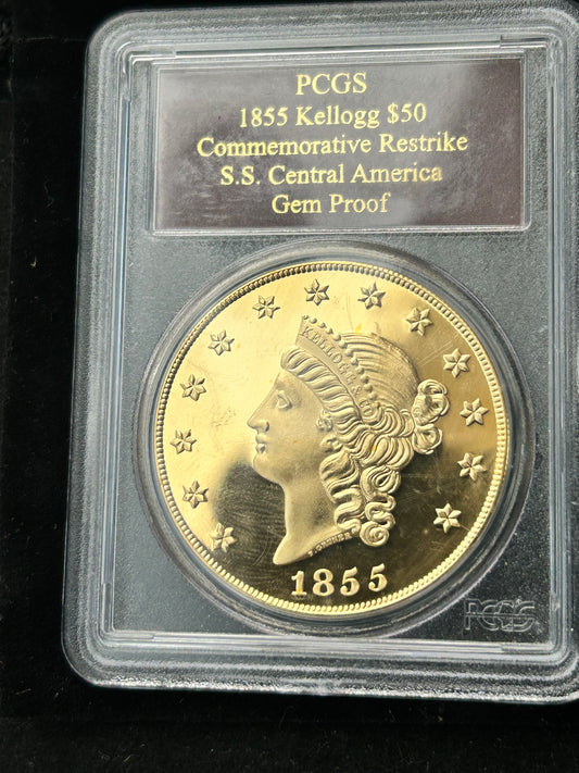 1855 Kellogg Gold $50 Commemorative Restrike SS Central America PCGS Gem Proof