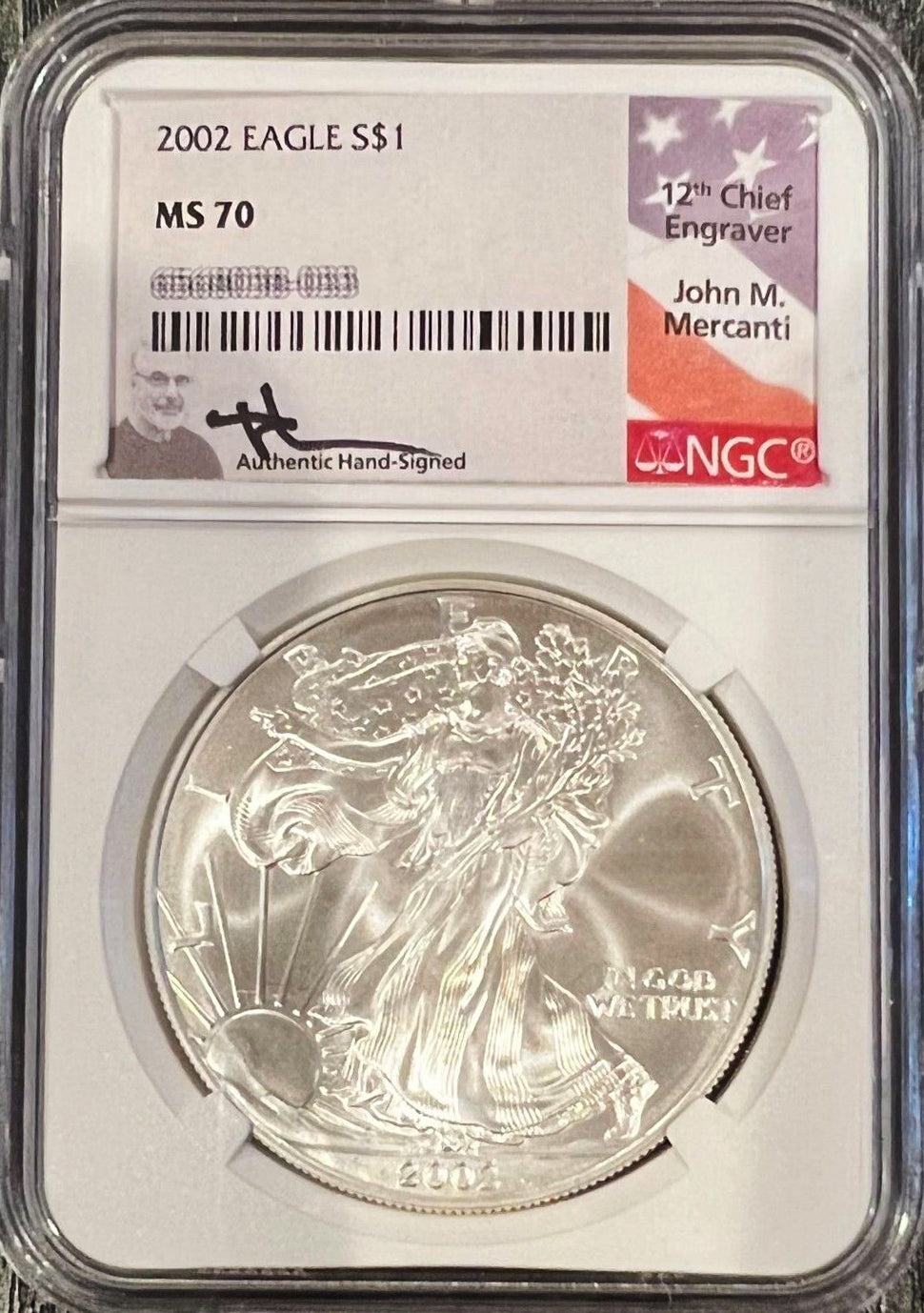 2002 American Silver Eagle NGC MS70 Mercanti Signed